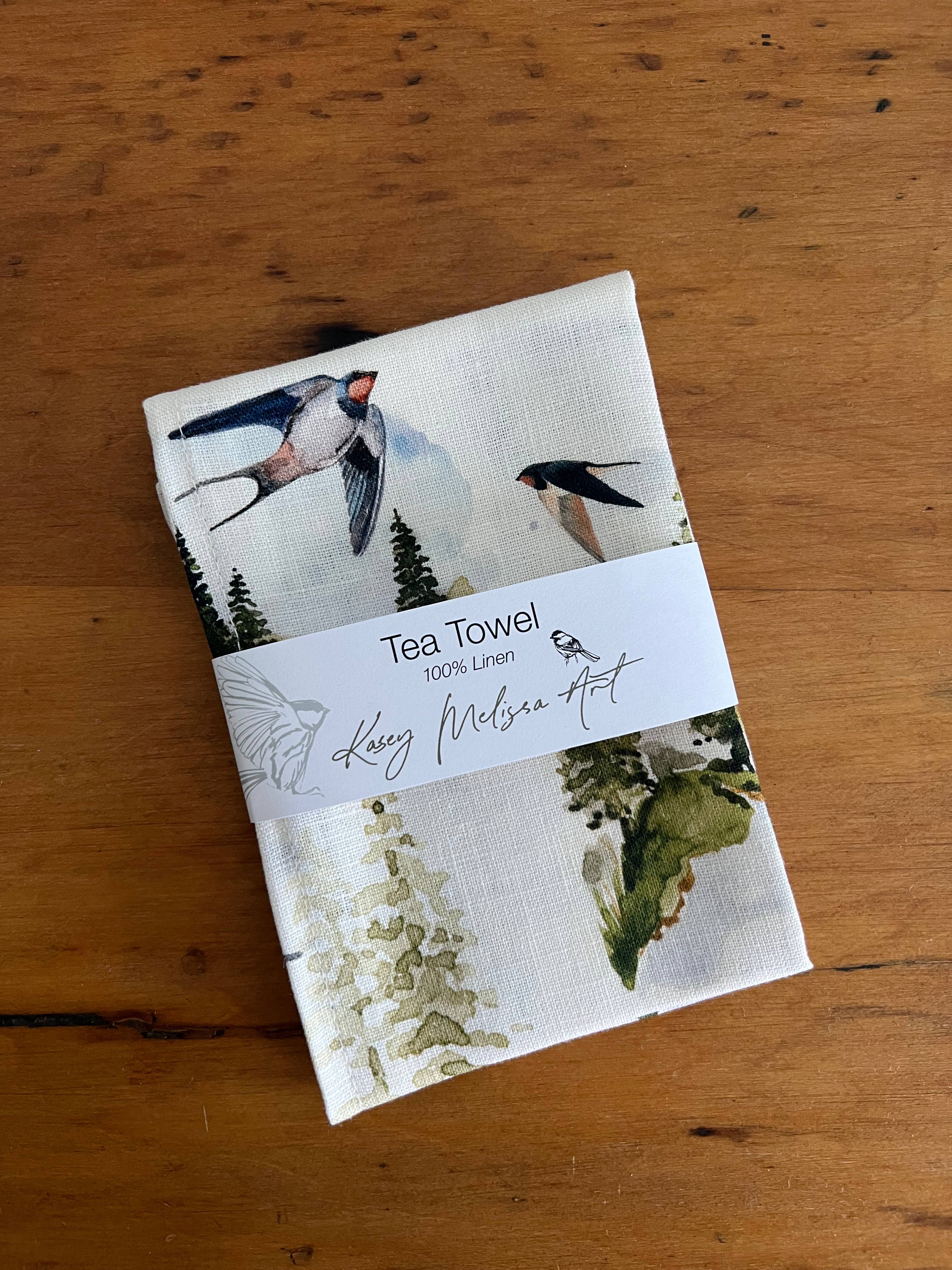 Kasey Melissa Art – wholesale Tea towel – Barn Swallow and Pines - Linen Tea Towel3