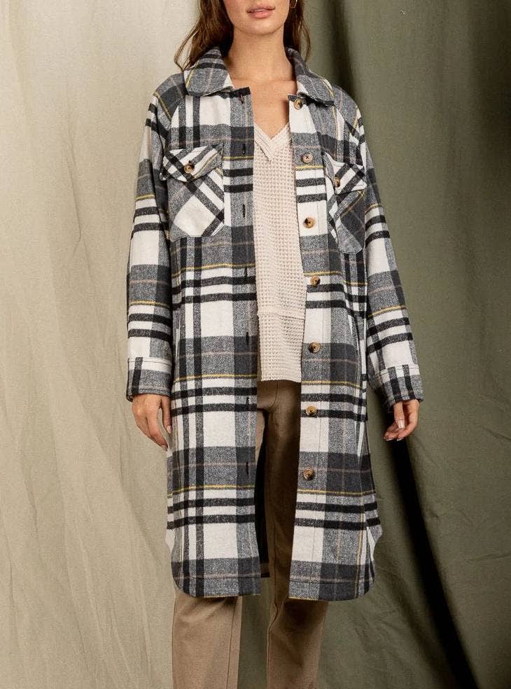 HIDDENBRAND - Wholesale Shirt Jacket/Shacket - Women's - Long Plaid Jacket With Large Lapel Pockets6