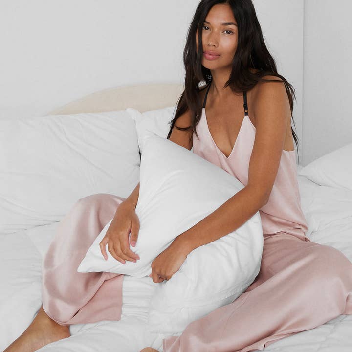 Delicate Pink Immersed Black Washable Silk Cami Pant Set for wholesale on Faire