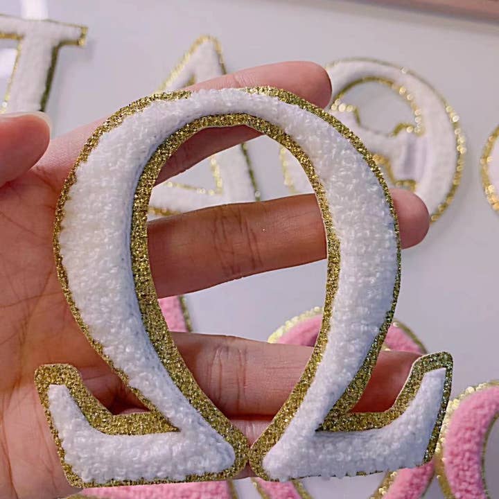 3 inch Iron on Greek letter, White, Chenille, sorority for wholesale by Chicbaby LLC