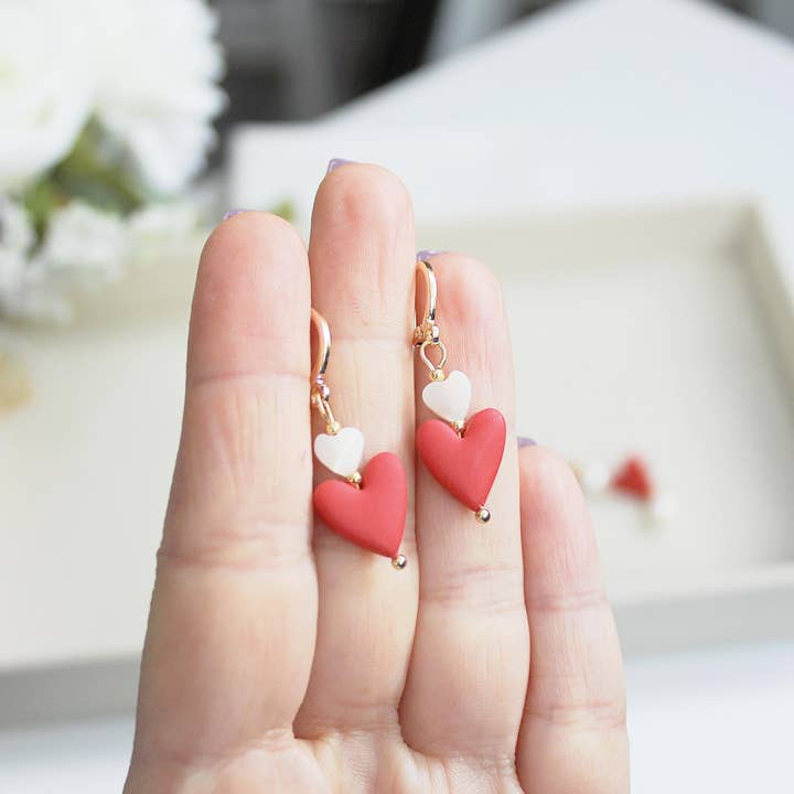 Studio Niani - Wholesale Dangle Earrings - Heart Earrings, Valentine's Day, Cute Earrings, Red, Pearls
