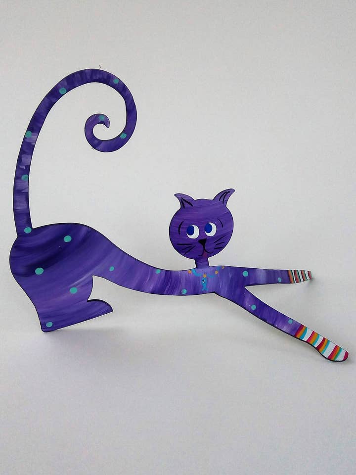 Cat In Socks Hand Painted Steel Sculpture Downward Cat for wholesale by Octopus Adventure by Rebecca Duffy Bush
