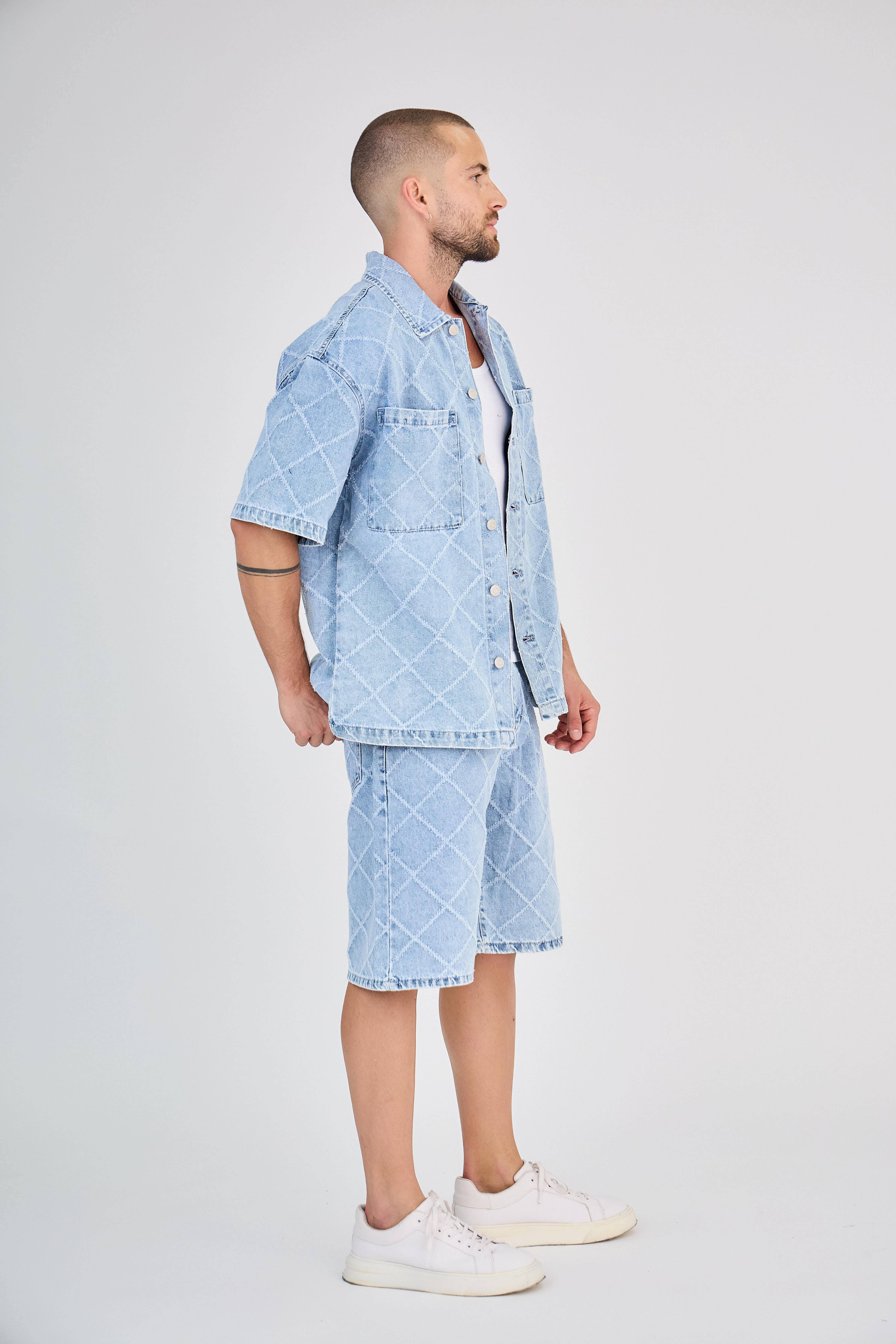 TOP MONDAY - Wholesale Top & Short Set (NOT Loungewear) - Men's - Blue Checkered Jeans Set3