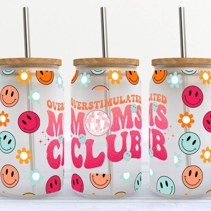Overstimulated Moms Club Smiley Disco Floral 16oz Libby Glass Tumbler for wholesale by Kate Haven Glass Tumblers for Every Occasion