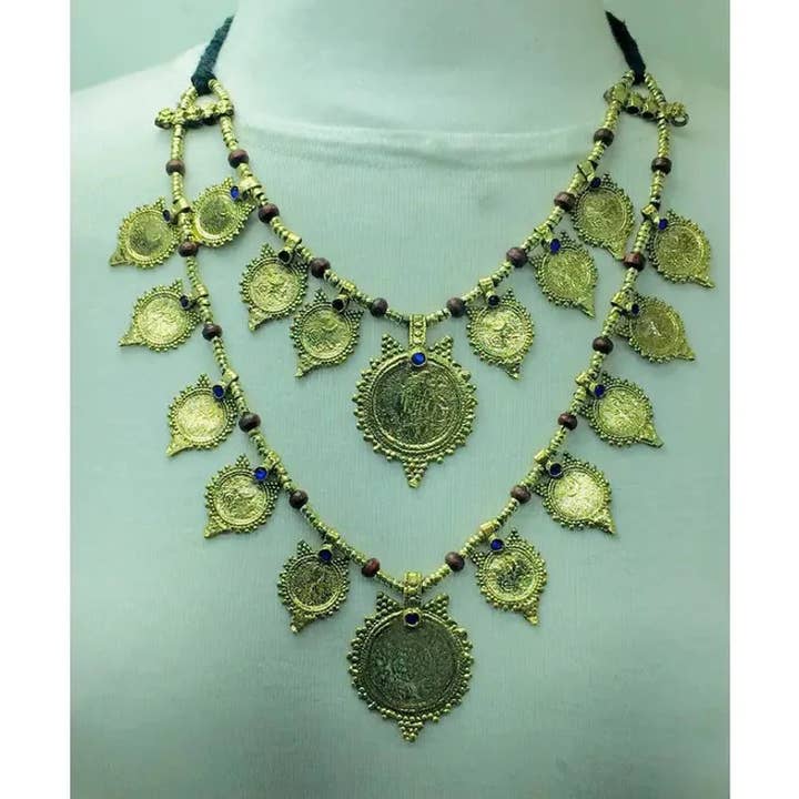 vintarust - Vente Colliers à pendentif - Collier Tribal Vintage à deux couches, pièces vintage