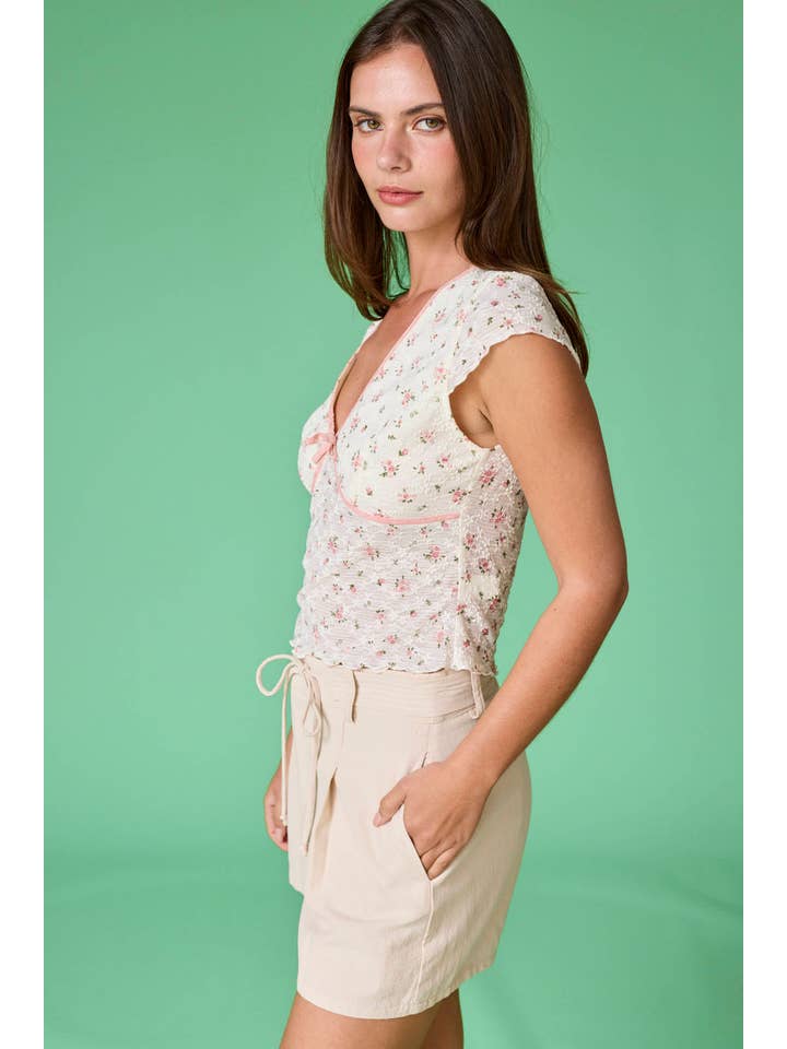 Pink PT18101-1 - Emily V-Neck Mesh Top Floral for wholesale on Faire