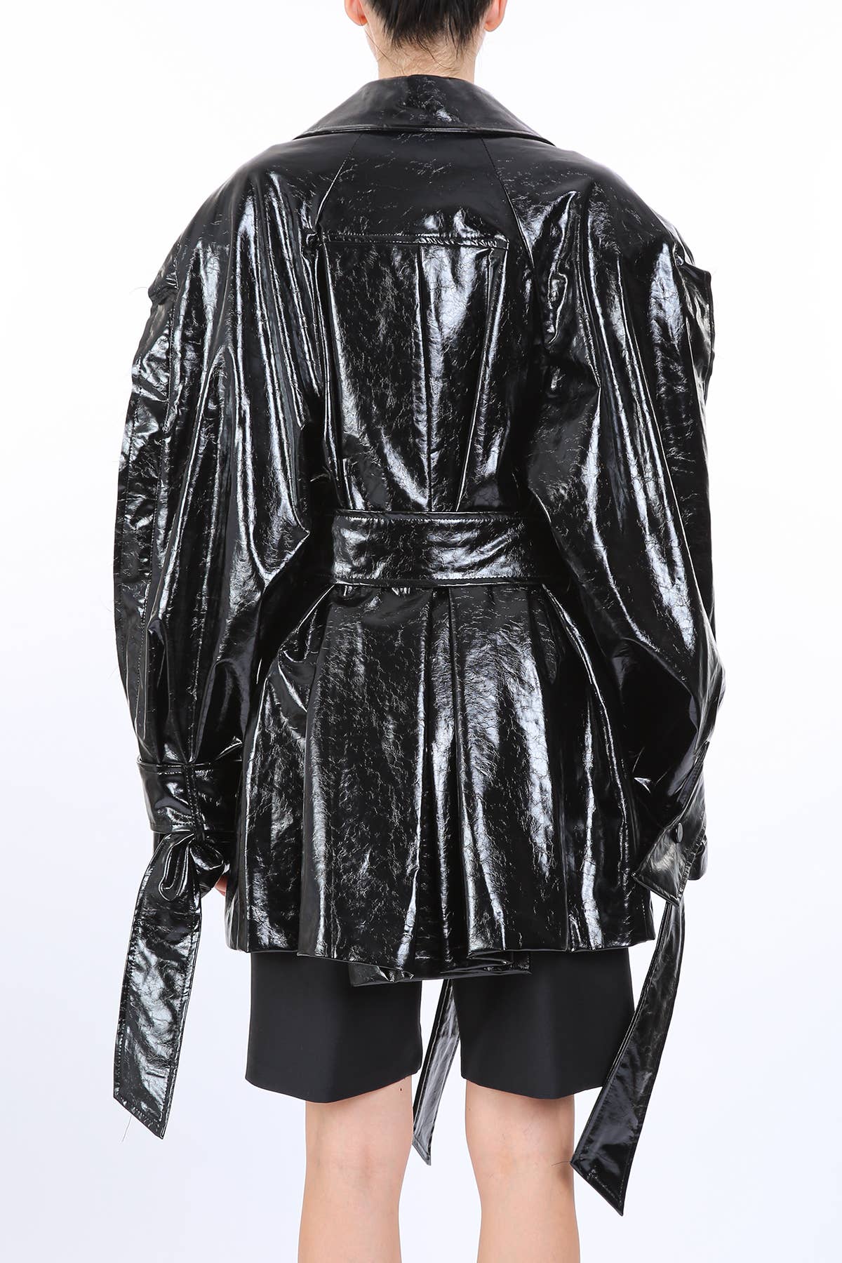 Black Vegan Leather Belted Detail Trench Coat PC4095 for wholesale on Faire1