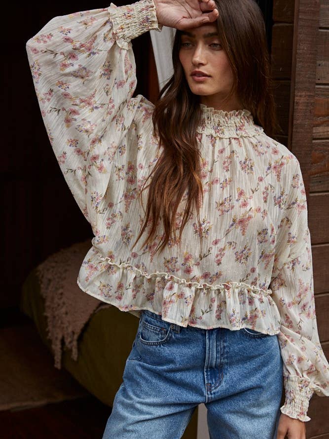 L8869 | Vävd Blommig Transparent Polohals Blus för wholesale av By Together