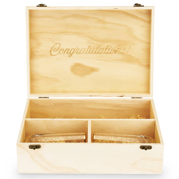 Twine - Wholesale Gift Box - Wood Champagne Gift Box w/ 2 Stemless Flutes - "Congrats"
