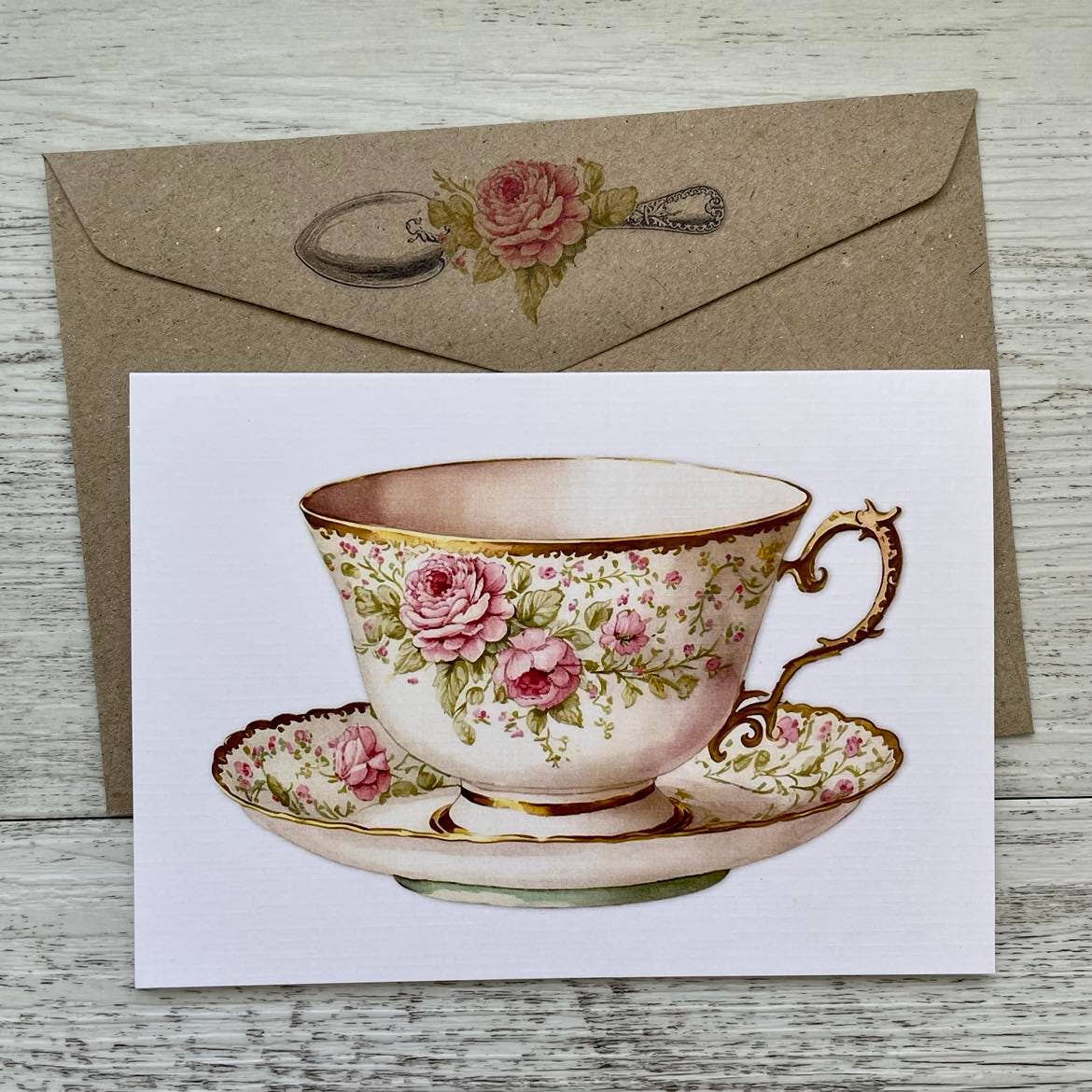 Scattered Seed Co - Wholesale Everyday greeting card - Vintage Teacup blank greeting card - Pink Rose Ivory2