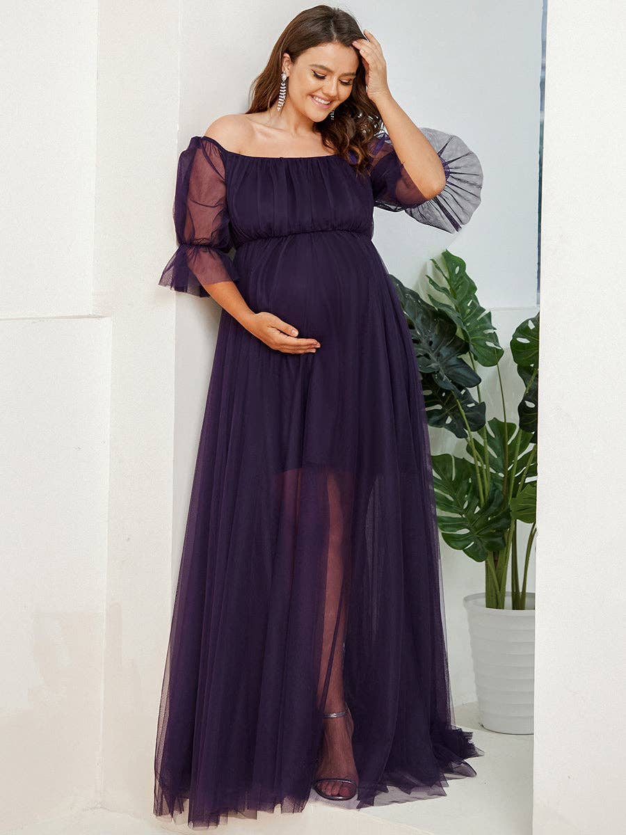 Ever-Pretty - Wholesale Dress - Maternity - Plus Size Puff Sleeves Mesh Maternity Dress6