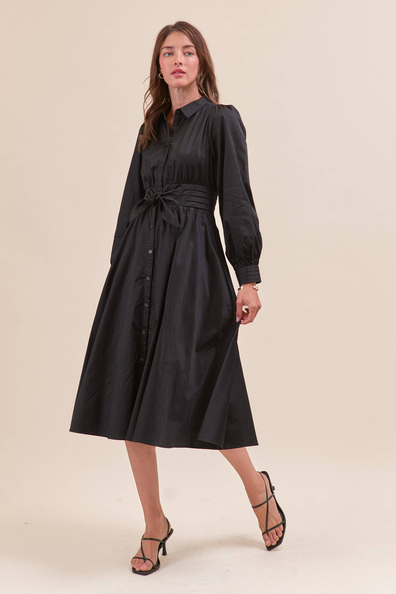 &MERCI - Wholesale Dress - Women's - PINTUCK WAIST TIE FRONT MIDI DRESS MDR421918