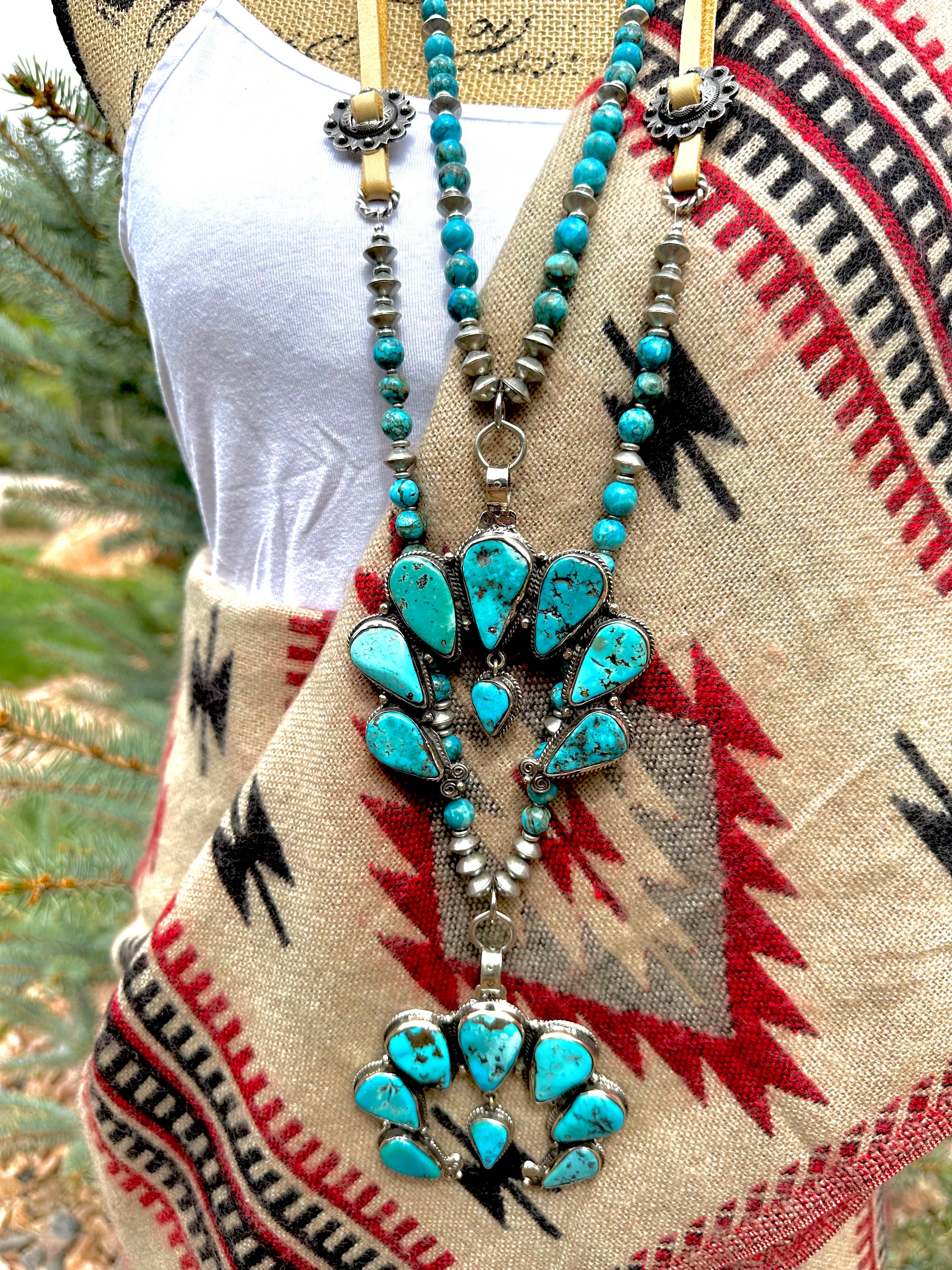 Fleurdesignz Western Jewelry - Wholesale Pendant/Charm Necklace - Adjustable Squash Blossom Necklace, Natural Blue Turquoise9