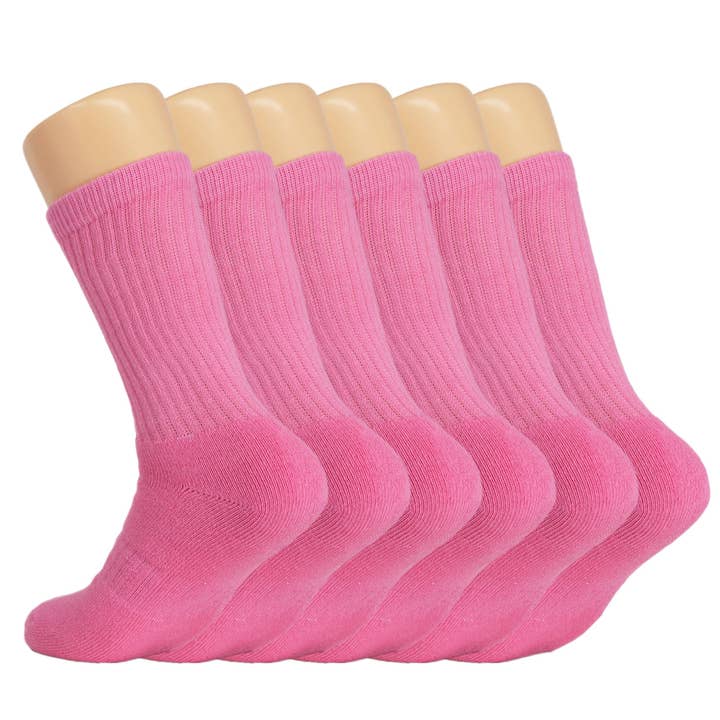 6 Pairs Women's Pink Cotton Crew Socks Size 10-13 with Terry Cushion Foot for wholesale by Mars Outlet Store LLC