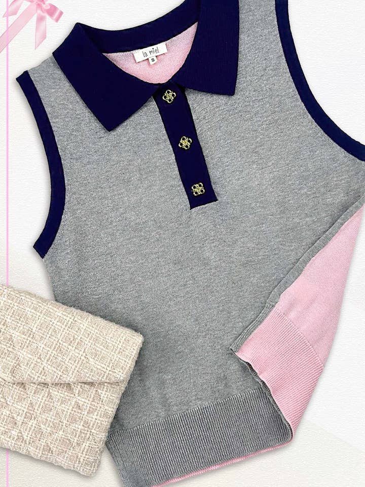 MCS3586-Color Block Collared Neckline Sleeveless Knit Top for wholesale by La Miel