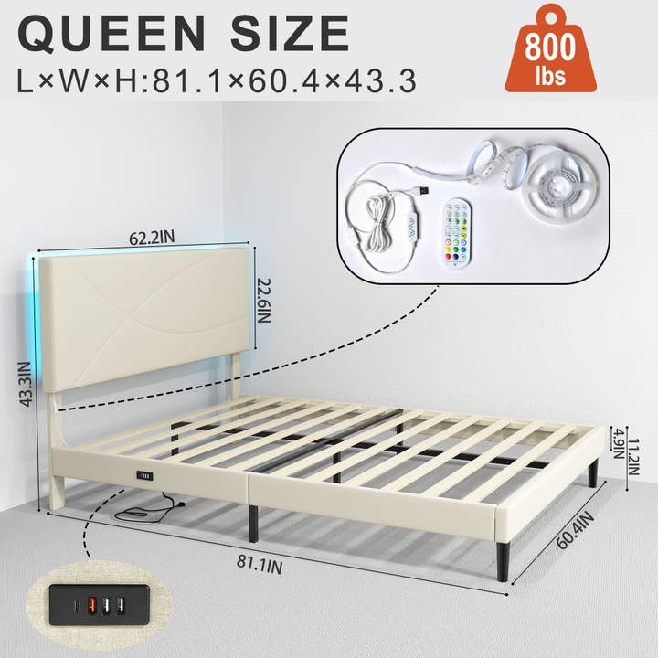 39F Inc. - Wholesale Bedroom Furniture - Foothill Queen Beige Bed Frame with LED Headboard