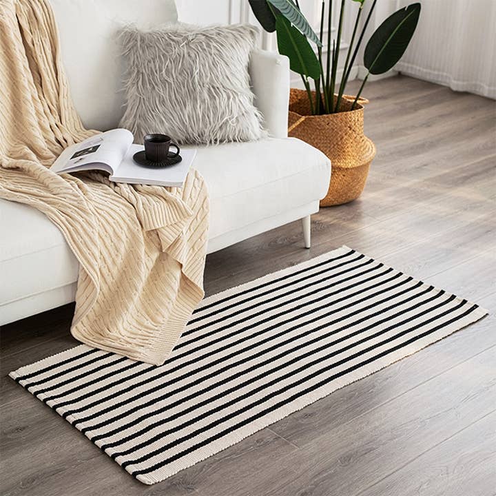 Fennco Styles - Wholesale Area Rug - Black-Ivory Cotton Blend Classic Striped Small Area Rug3