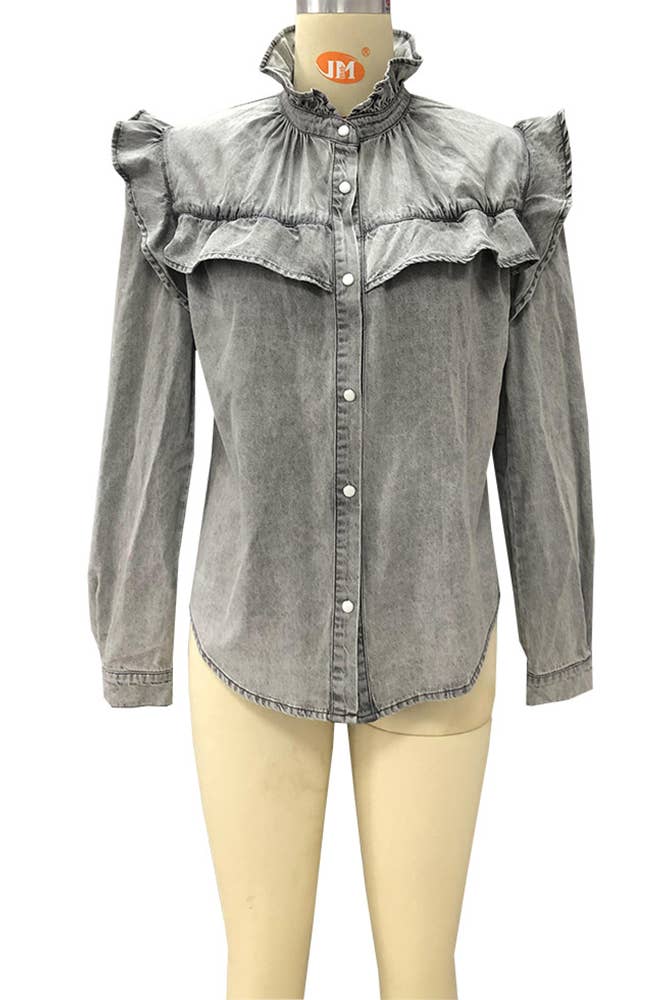 Grey TOPW610 Ruffle Button Closure Denim Blouse Top Women for wholesale on Faire2
