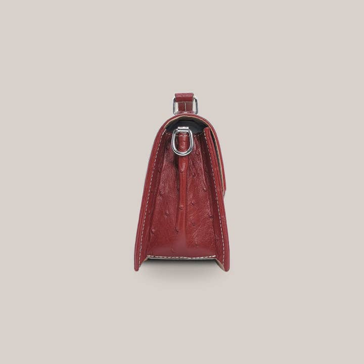 bordeaux Alca Burgundy Ostrich Leather And Linen Flap Bag for wholesale on Faire3
