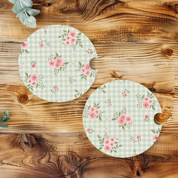 Set di sottobicchieri per auto in neoprene con motivo floreale cottage antico per la vendita all'ingrosso da parte di Prairie Chicken Sticker Shop & Gifts