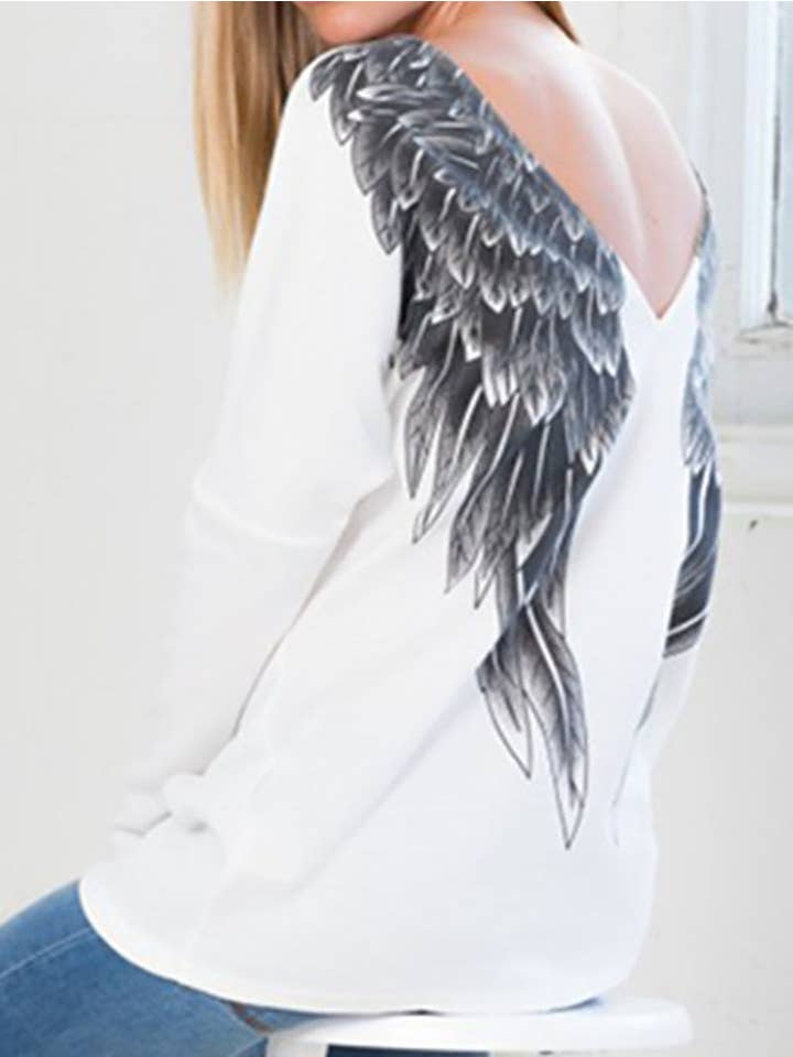 White Angel Wings on Back V-neck T-shirt for wholesale on Faire