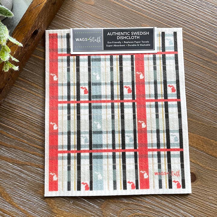 Torchon suédois à carreaux rouge/gris - Thème Michigan pour la vente par WagsStuff
