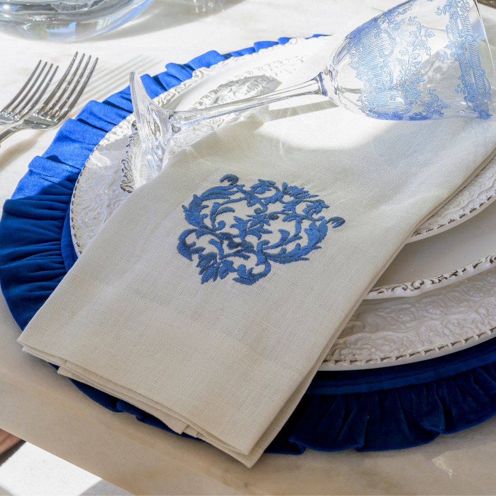 Cream French Blue  Damask Linen Towel for wholesale on Faire2