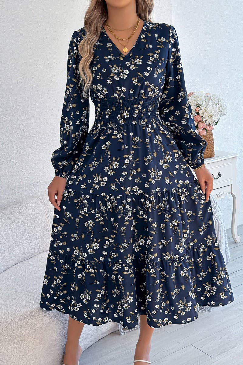 NINEXIS - Vente Robe – femme - Robe à volants à manches longues et col en V à motif floral CWDMD60289