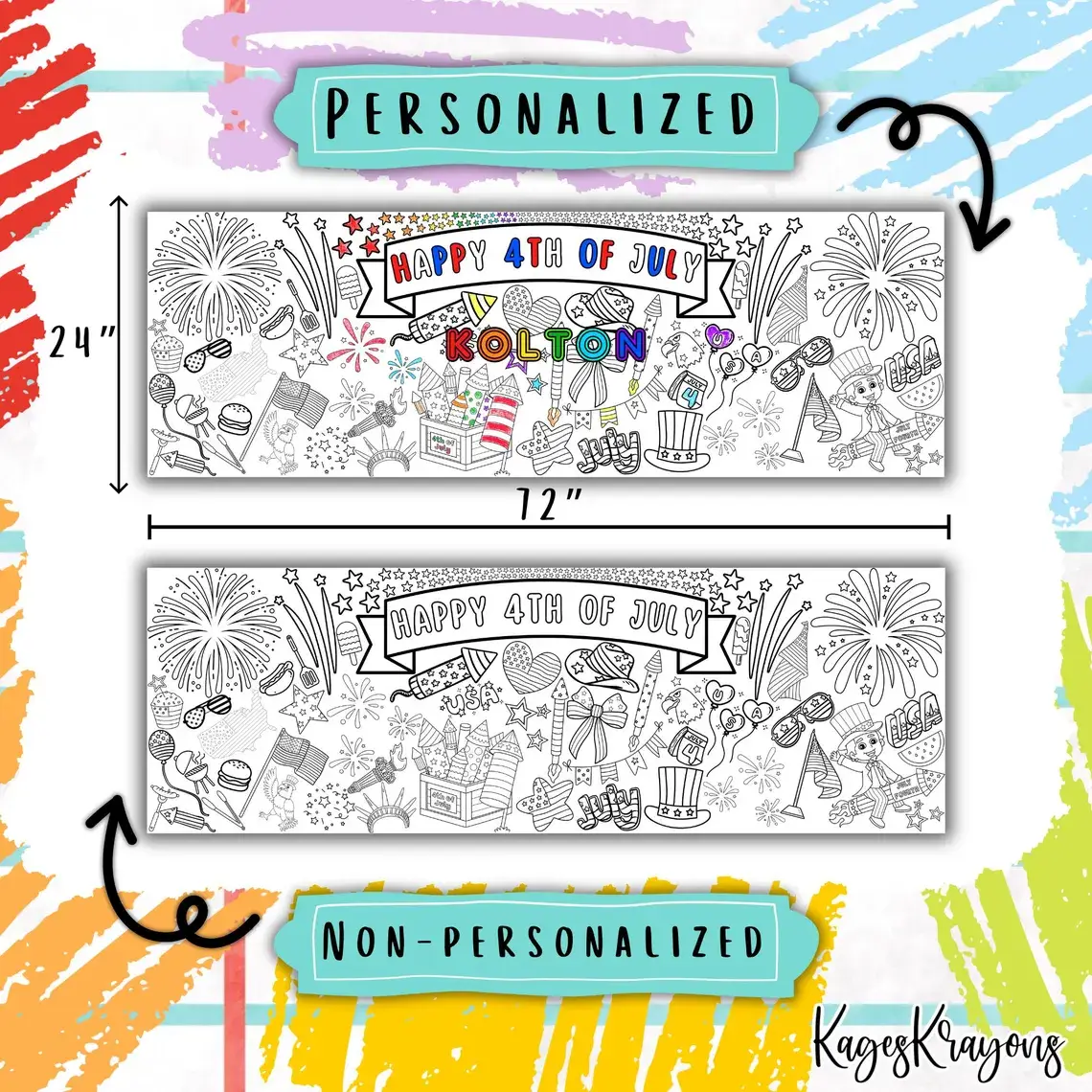 KagesKrayons - Vente Nappe à colorier – enfant et bébé - Bannière de page à colorier du 4 juillet de 6 pieds Couverture de table à colorier2