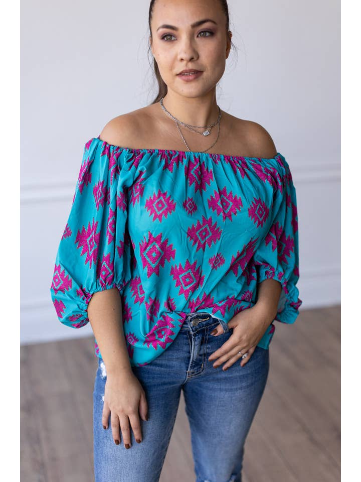 Rustic Touch Turquoise Off The Shoulder Top for wholesale on Faire