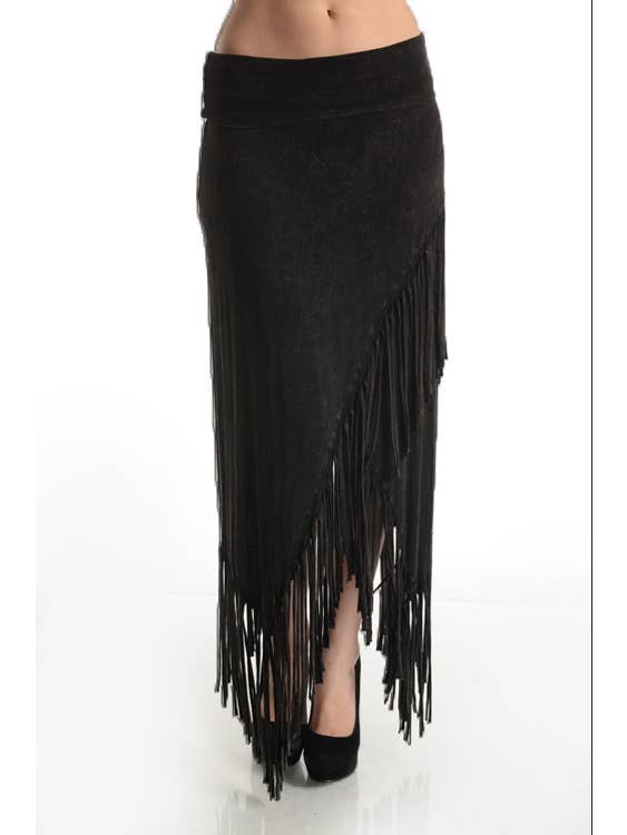 T-Party – wholesale Skirt – Women’s – Mineral Wash High Low Diagonal Fringe Foldover Waist Skirt3
