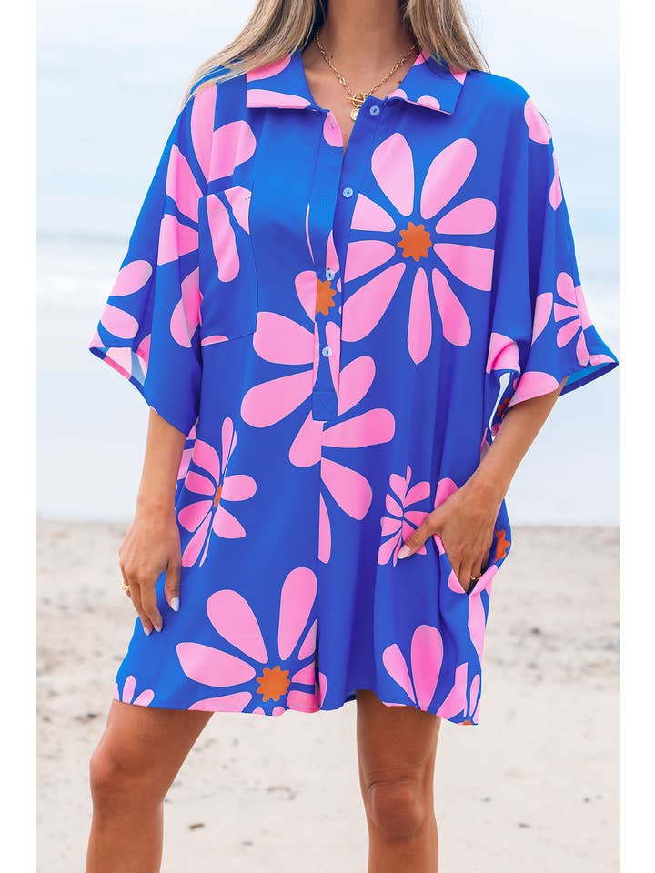 As shown Big Floral Summer Loose Fit Tunic Shirt Romper | S-XL for wholesale on Faire