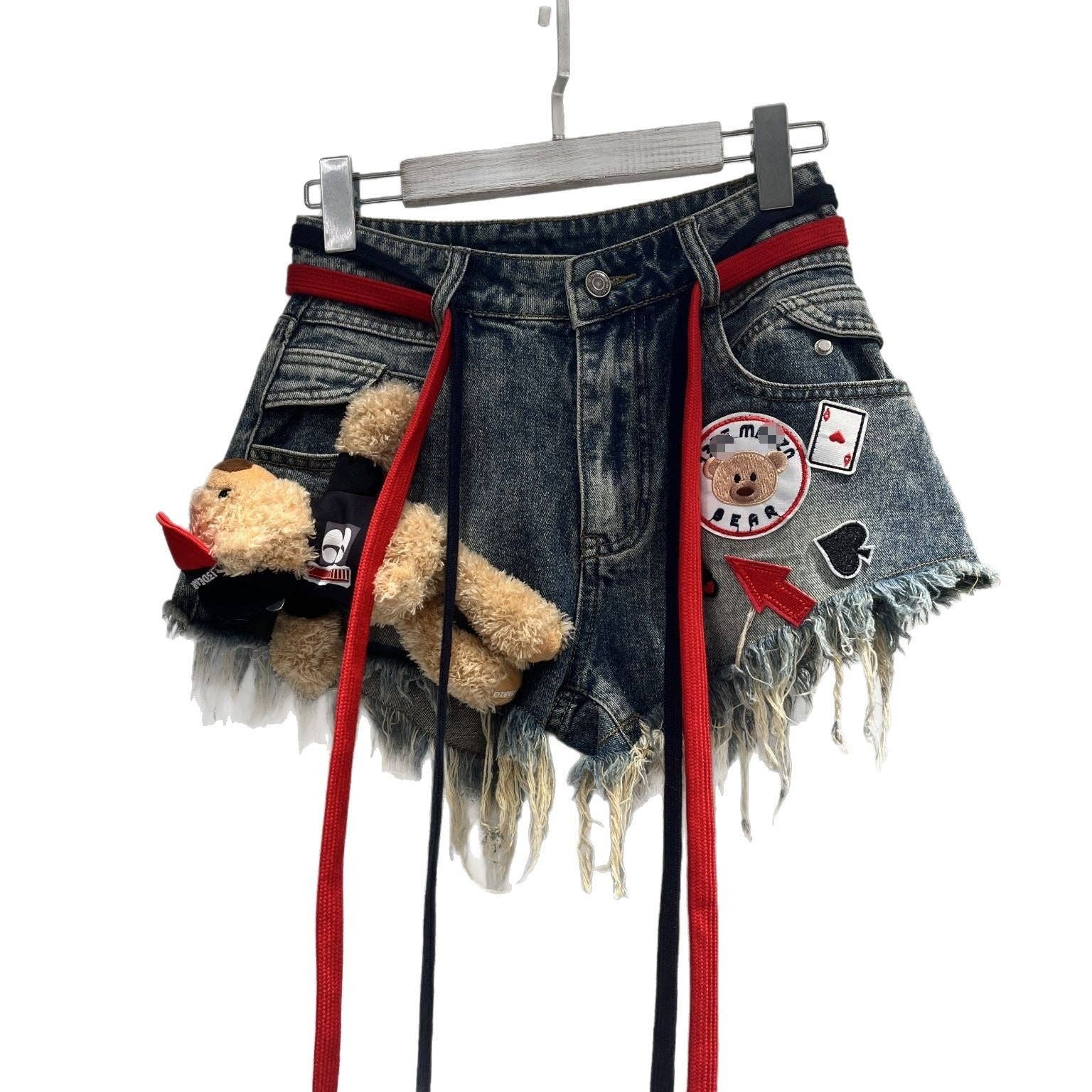 Sanyao Fashion - Wholesale Shorts - Women's - M127 Playful Patchwork High Waist Raw Hem Denim Shorts1