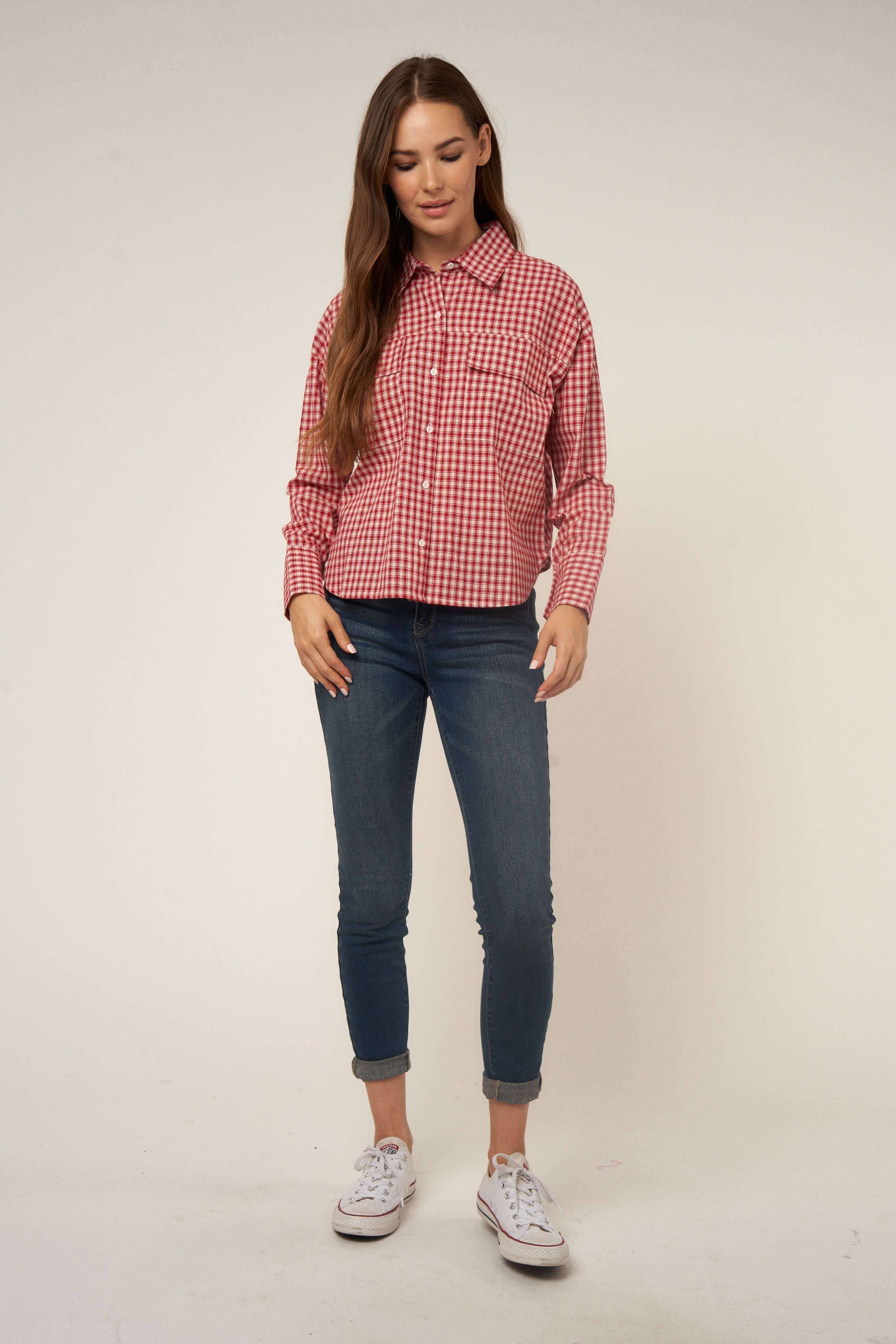 WINE SMALL GINGHAM BUTTON DOWN SHIRT for wholesale on Faire7