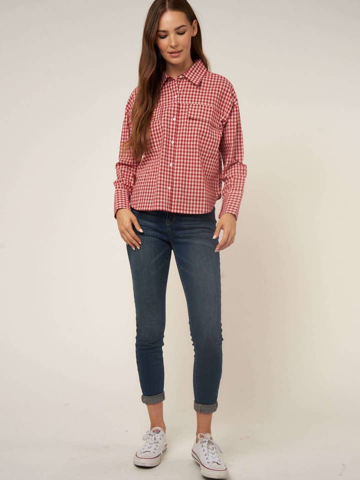 WINE SMALL GINGHAM BUTTON DOWN SHIRT for wholesale on Faire7