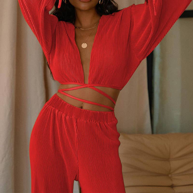 HIDDENBRAND - Wholesale Top & Pant Set (NOT Loungewear) - Women's - V-Neck Stylish Casual Sexy Two-Piece Set4