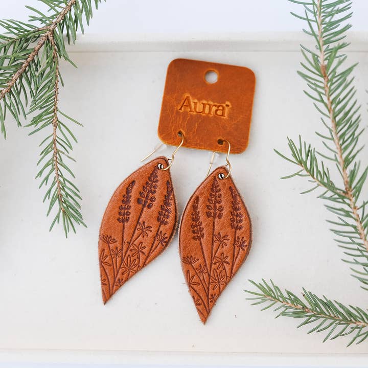 Leather Earrings - Lupine Stamped for wholesale by Aura Design Co.