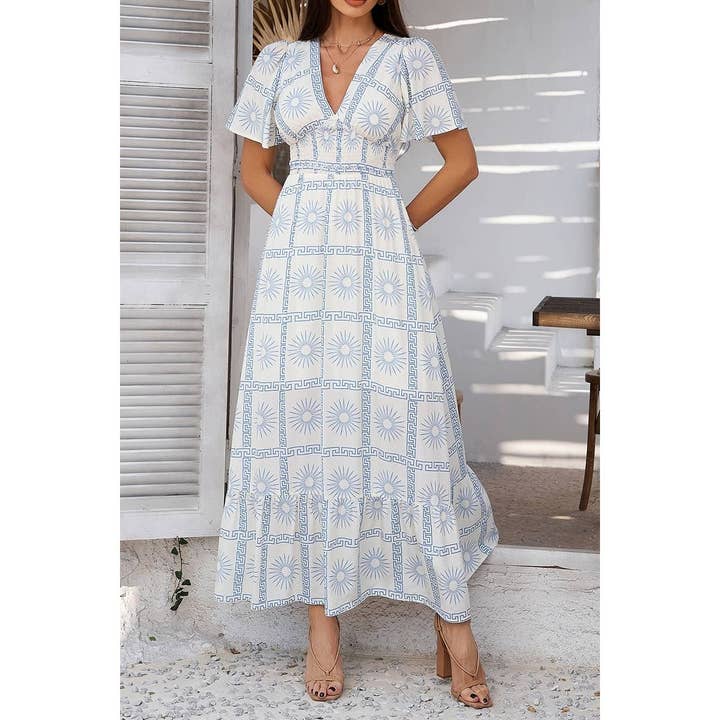 Elings - Wholesale Dress - Women's - Allover Print Deep V Elastic Waist Band Maxi Dress