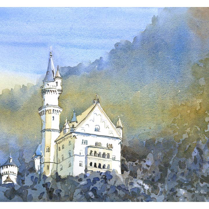 Kasteel Neuschwanstein Beieren- Duitsland aquarel schilderij Kasteel Neuschwanstein kunstwerk Duitsland kasteel beeldende kunst Beieren (print) voor wholesale door Ryan Fox Fine Art
