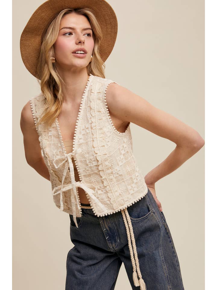 Listicle - Wholesale Outerwear Vest - Women’s - Embroidered Lace Tie-Front Vest LVT00928
