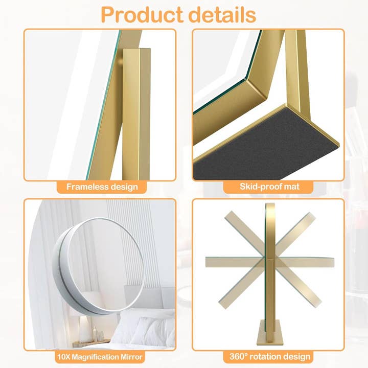 Gold Lighted Makeup Mirror With LED Three Color Lighting Modes for wholesale on Faire8