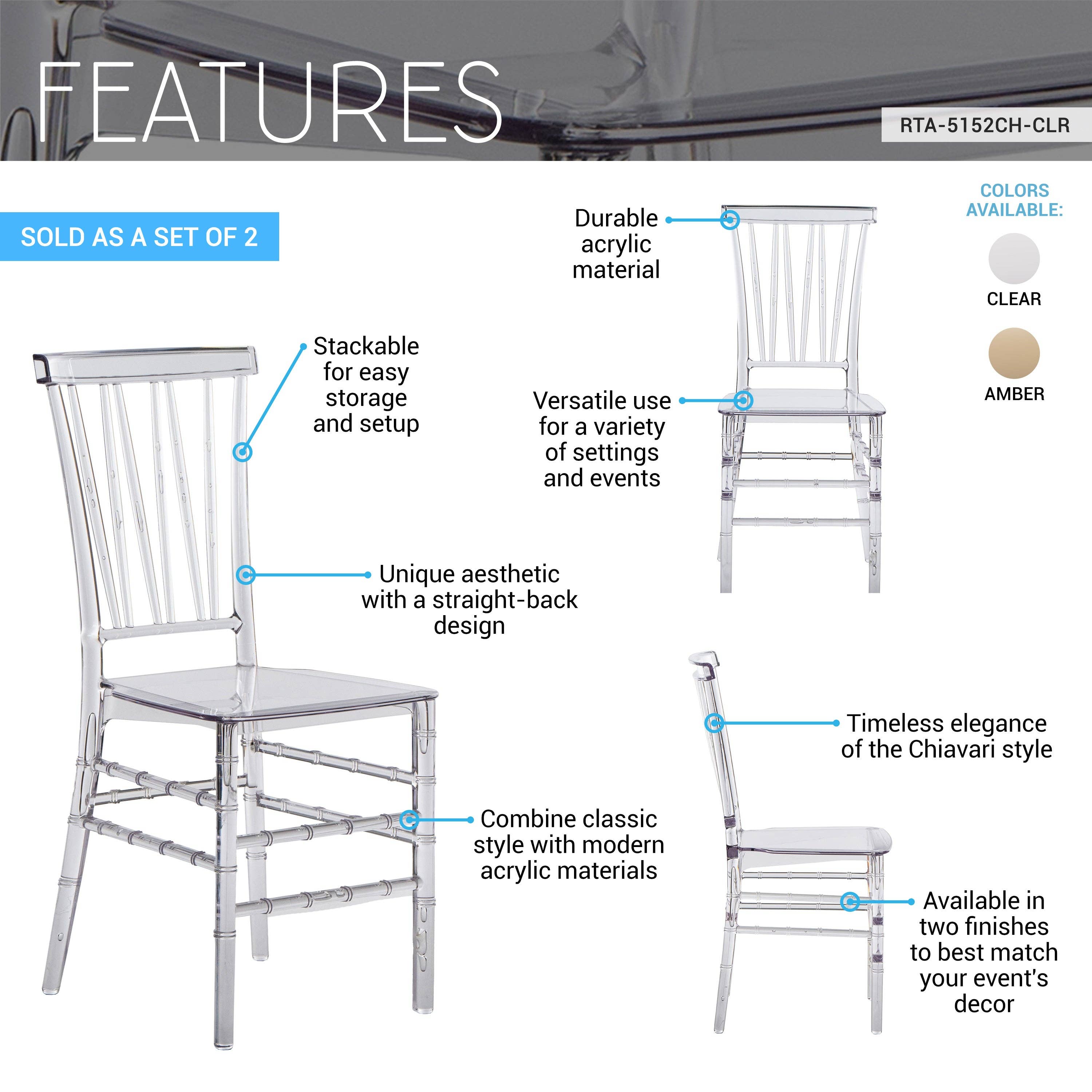 RTA Products LLC - Wholesale Chair - Stackable Chiavari Style Acrylic Event Chairs – Set of 25