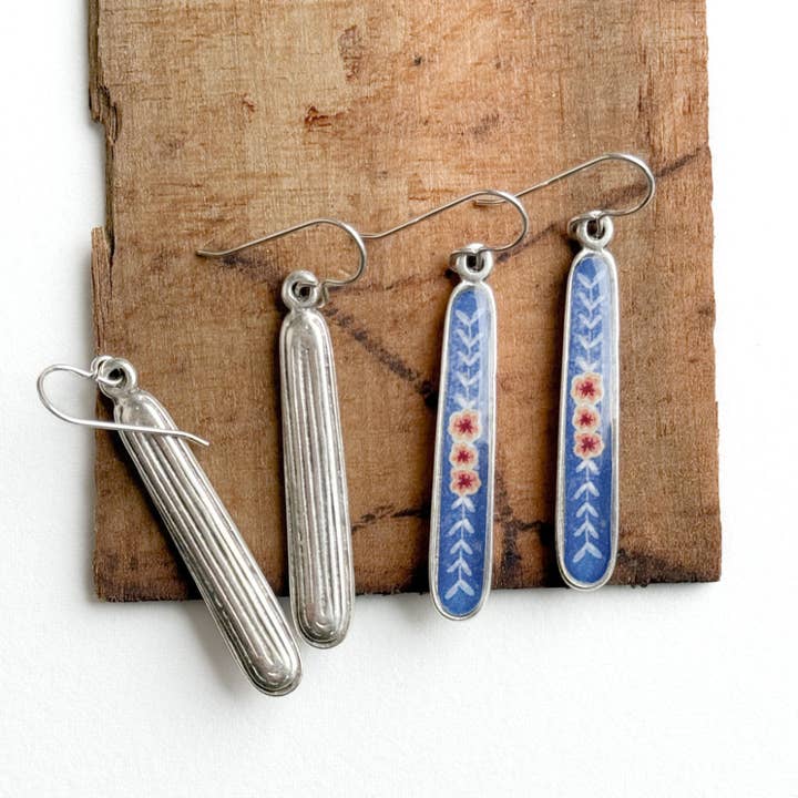 Kindlevine Long Blue Floral Earrings for wholesale by Seed and Sky