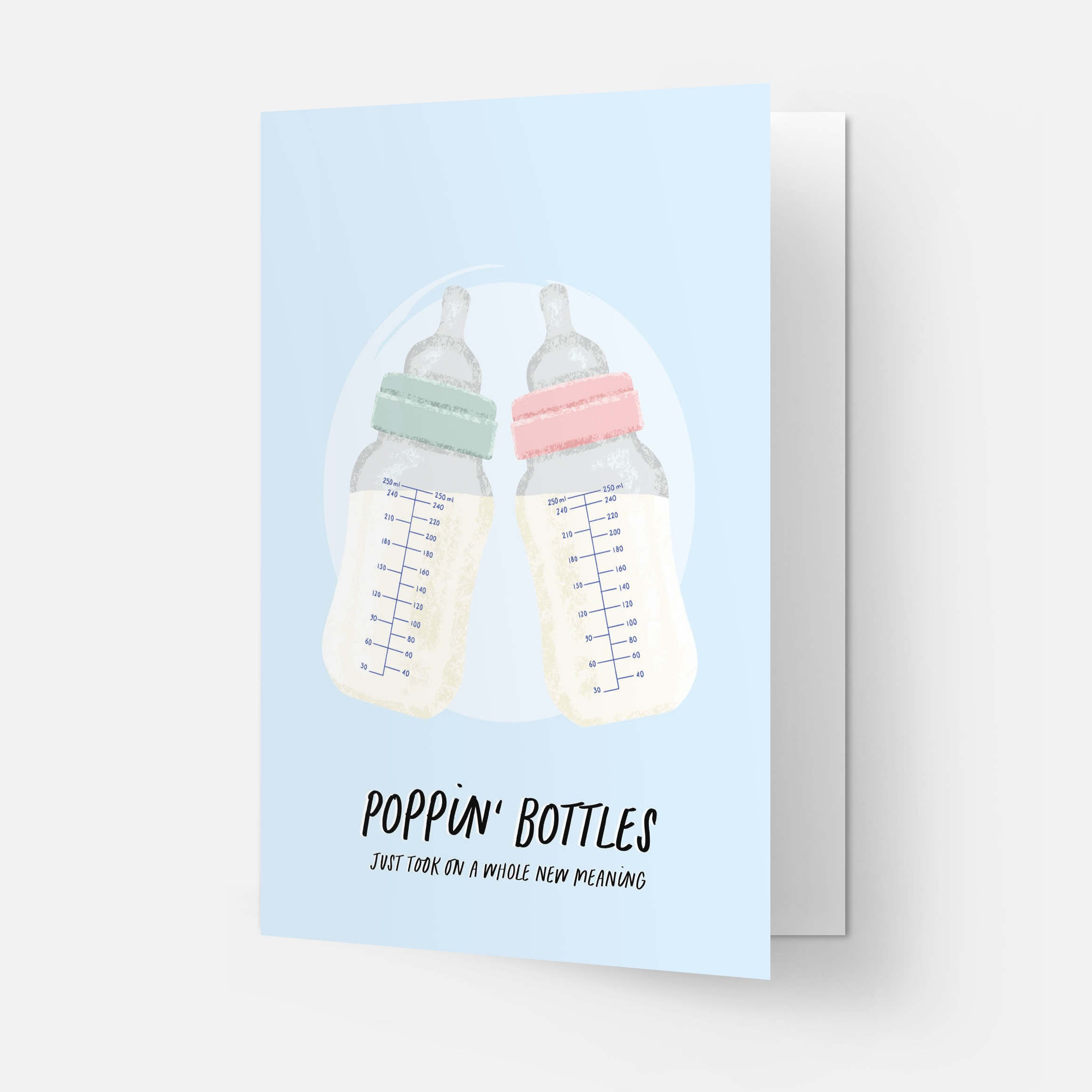 Kaart Blanche – wholesale Baby card – Poppin' Bottles greeting card (also in FR)1
