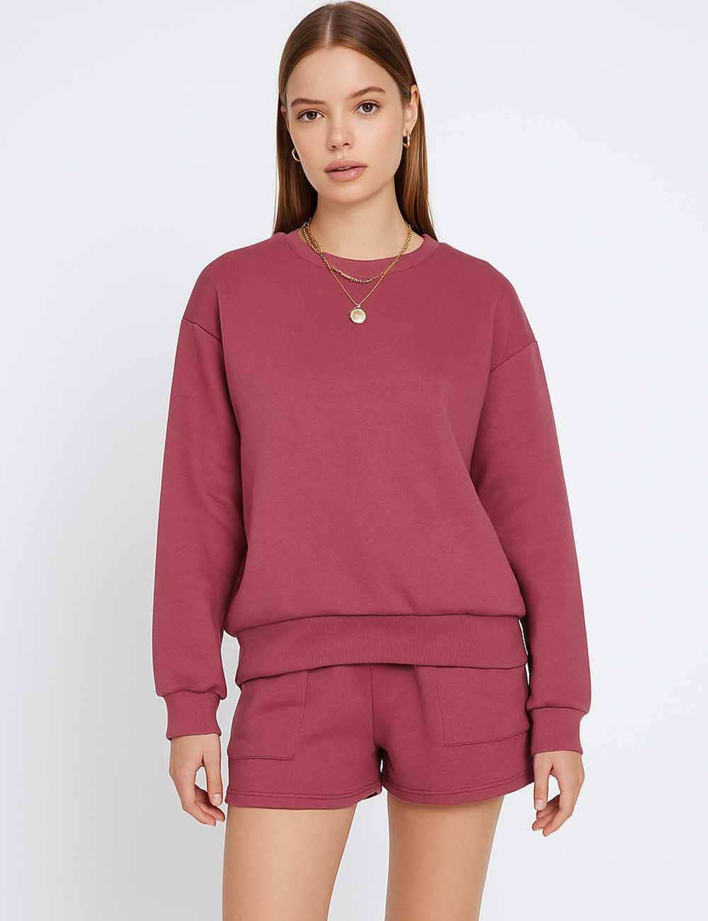 Sweetkama - Wholesale Lounge Set - Women's - Ladies Solid Color Long Sleeves Sweatshirt & Shorts Set11