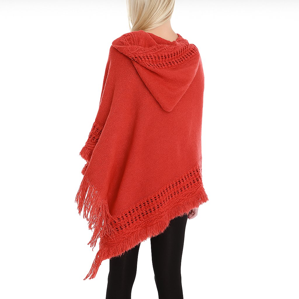Fennco Styles - Vente Poncho – femme - Poncho à capuche à lacets avec franges en terre cuite1
