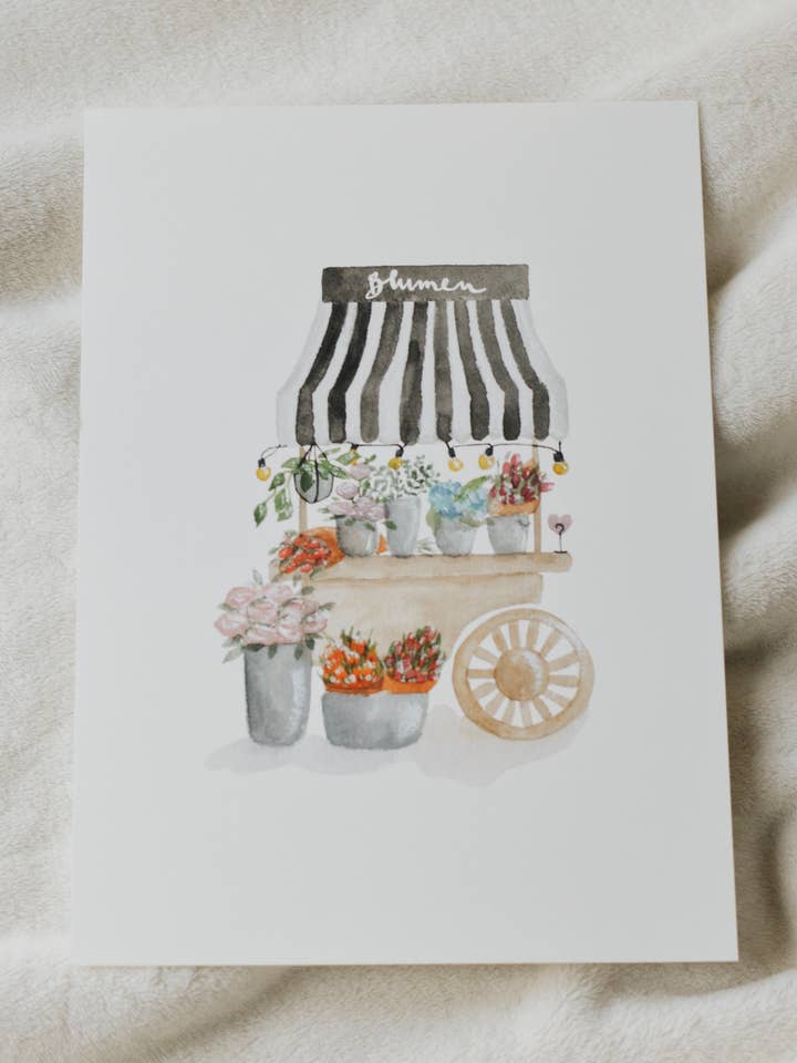 Plakat med blomstervogn i DIN A4-format for engroshandel hos Linda Mundo