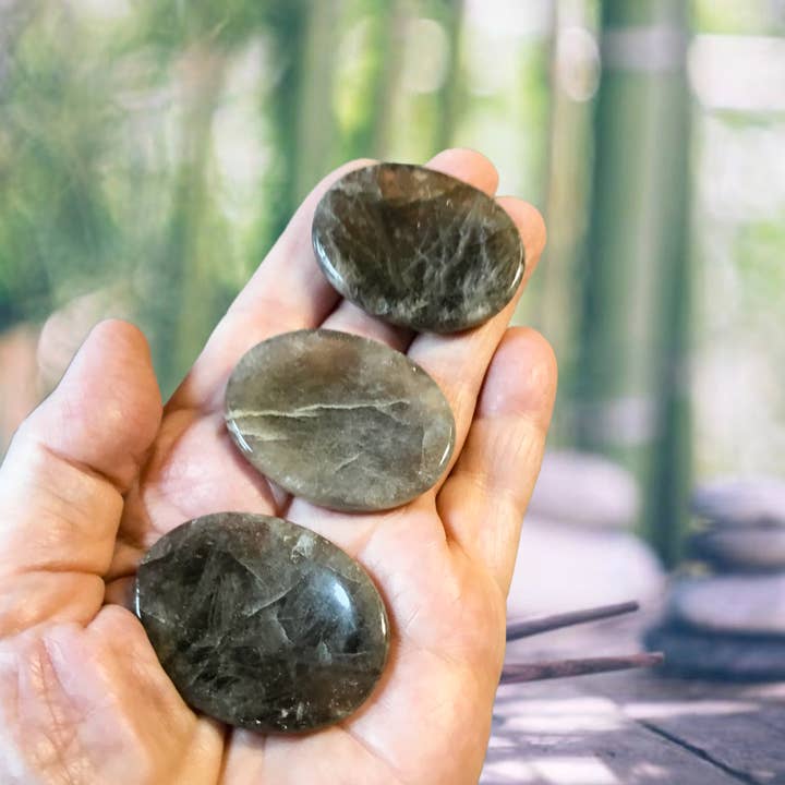 Essential Wellness - Body, Mind, Spirit - Wholesale Spiritual stone/crystal - SMOKEY QUARTZ Worry Stone with Information Card Option2