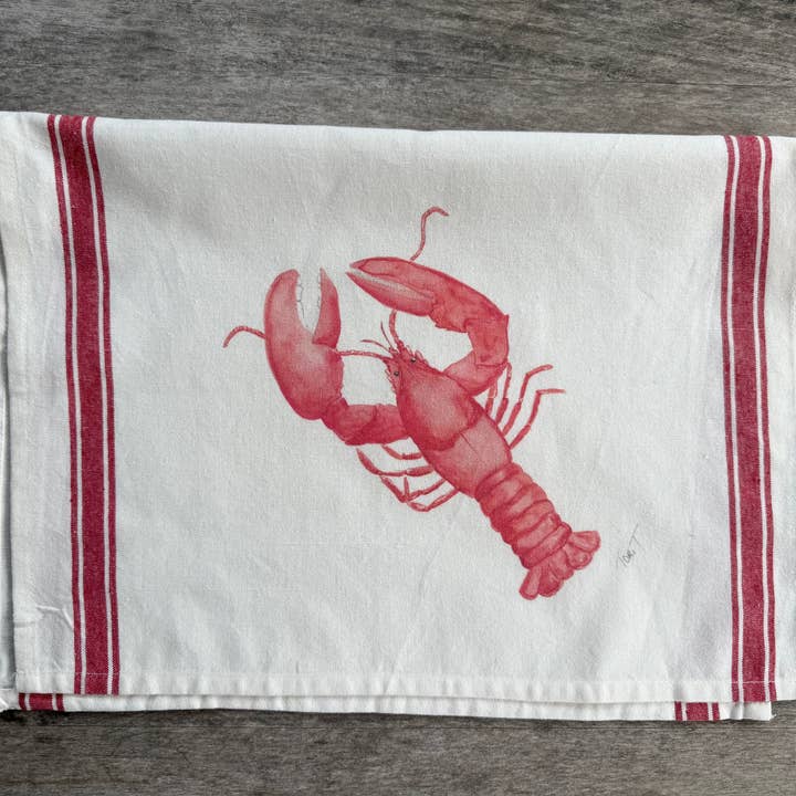 Red Lobster & Stripes printed on 100% Cotton Tea Towel for wholesale by Tori T Designs