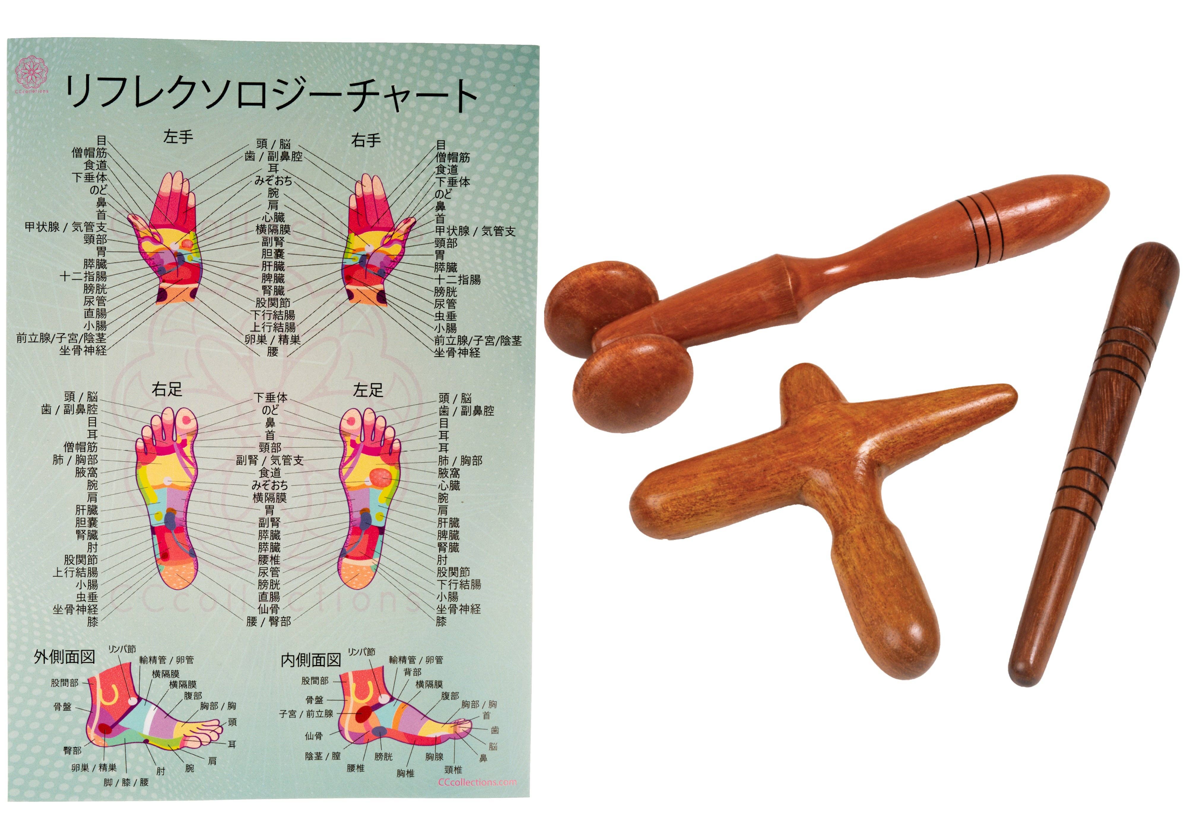 CCcollections – Großhandel Massagegeräte – Professionelles Set aus Holz-Massagewerkzeugen mit Reflexzonen-Diagramm6